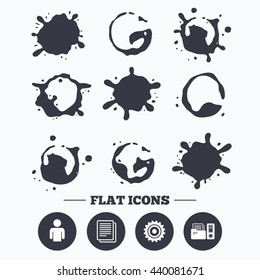 Paint, coffee or milk splash blots. Accounting workflow icons. Human silhouette, cogwheel gear and documents folders signs symbols. Smudges splashes drops. Vector