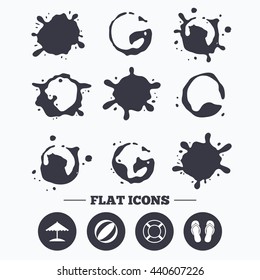 Paint, coffee or milk splash blots. Beach holidays icons. Ball, umbrella and flip-flops sandals signs. Lifebuoy symbol. Smudges splashes drops. Vector