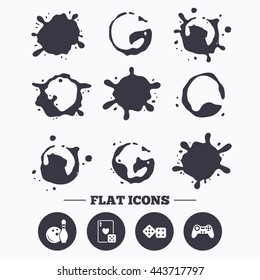 Paint, coffee or milk splash blots. Bowling and Casino icons. Video game joystick and playing card with dice symbols. Entertainment signs. Smudges splashes drops. Vector