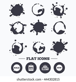Paint, coffee or milk splash blots. Sale speech bubble icon. Buy cart symbol. New star circle sign. Big sale shopping bag. Smudges splashes drops. Vector