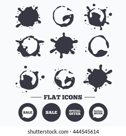 Paint, coffee or milk splash blots. Sale icons. Special offer speech bubbles symbols. Shopping signs. Smudges splashes drops. Vector