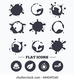 Paint, coffee or milk splash blots. Spa stones icons. Water drop with leaf symbols. Natural tear sign. Smudges splashes drops. Vector