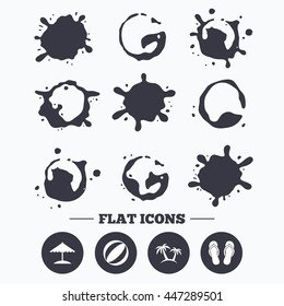 Paint, coffee or milk splash blots. Beach holidays icons. Ball, umbrella and flip-flops sandals signs. Palm trees symbol. Smudges splashes drops. Vector