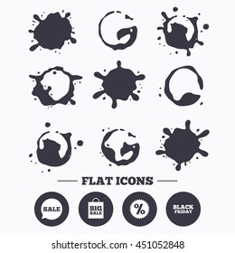 Paint, coffee or milk splash blots. Sale speech bubble icon. Discount star symbol. Black friday sign. Big sale shopping bag. Smudges splashes drops. Vector