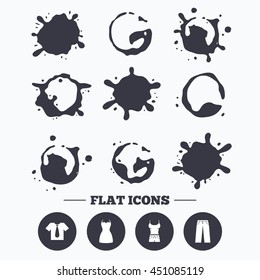 Paint, coffee or milk splash blots. Clothes icons. T-shirt with business tie and pants signs. Women dress symbol. Smudges splashes drops. Vector