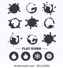 Paint, coffee or milk splash blots. HVAC icons. Heating, ventilating and air conditioning symbols. Water supply. Climate control technology signs. Smudges splashes drops. Vector