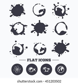 Paint, coffee or milk splash blots. Travel trip icon. Airplane, world globe symbols. Palm tree sign. Travel round the world. Smudges splashes drops. Vector