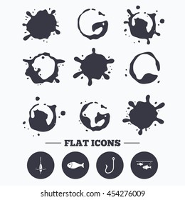 Paint, coffee or milk splash blots. Fishing icons. Fish with fishermen hook sign. Float bobber symbol. Smudges splashes drops. Vector