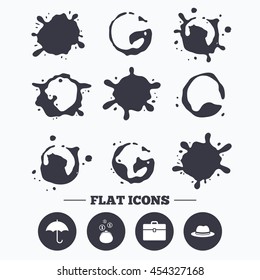 Paint, coffee or milk splash blots. Clothing accessories icons. Umbrella and headdress hat signs. Wallet with cash coins, business case symbols. Smudges splashes drops. Vector