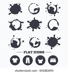 Paint, coffee or milk splash blots. Clothes icons. T-shirt and pants with shorts signs. Swimming trunks symbol. Smudges splashes drops. Vector