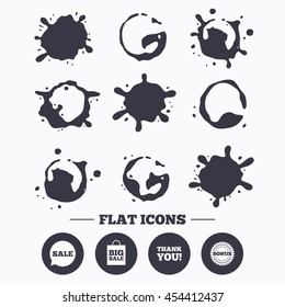 Paint, coffee or milk splash blots. Sale speech bubble icon. Thank you symbol. Bonus star circle sign. Big sale shopping bag. Smudges splashes drops. Vector