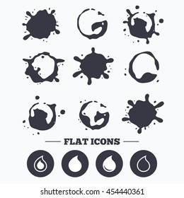 Paint, coffee or milk splash blots. Water drop icons. Tear or Oil drop symbols. Smudges splashes drops. Vector