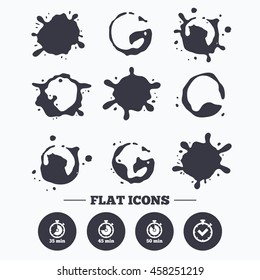 Paint, coffee or milk splash blots. Timer icons. 35, 45 and 50 minutes stopwatch symbols. Check or Tick mark. Smudges splashes drops. Vector