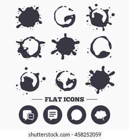 Paint, coffee or milk splash blots. Chat icons. Comic speech bubble signs. Communication think symbol. Smudges splashes drops. Vector