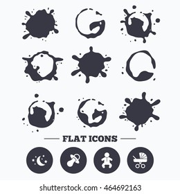 Paint, coffee or milk splash blots. Moon and stars symbol. Baby infants icon. Buggy and dummy signs. Child pacifier and pram stroller. Smudges splashes drops. Vector