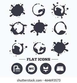 Paint, coffee or milk splash blots. Swimming pool icons. Shower water drops and swimwear symbols. WC Toilet speech bubble sign. Trunks and women underwear. Smudges splashes drops. Vector