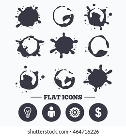 Paint, coffee or milk splash blots. Business icons. Human silhouette and lamp bulb idea signs. Dollar currency and gear symbols. Smudges splashes drops. Vector