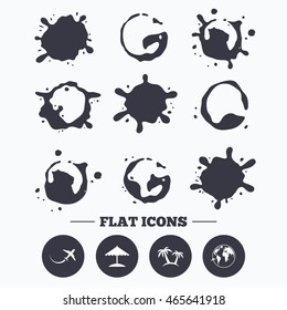 Paint, coffee or milk splash blots. Travel trip icon. Airplane, world globe symbols. Palm tree and Beach umbrella signs. Smudges splashes drops. Vector