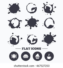 Paint, coffee or milk splash blots. Food and drink icons. Muffin cupcake symbol. Plate dish with fork and knife sign. Hot coffee cup and hamburger. Smudges splashes drops. Vector