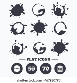 Paint, coffee or milk splash blots. Sale speech bubble icon. 50% and 70% percent discount symbols. Big sale shopping bag sign. Smudges splashes drops. Vector