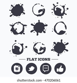 Paint, coffee or milk splash blots. Hipster photo camera icon. Like and Chat speech bubble sign. Hand thumb up. Bird symbol. Smudges splashes drops. Vector