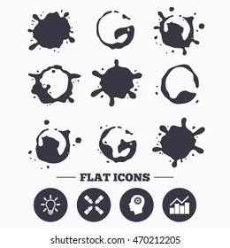Paint, coffee or milk splash blots. Lamp idea and head with gear icons. Graph chart diagram sign. Teamwork symbol. Smudges splashes drops. Vector