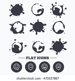 Paint, coffee or milk splash blots. Happy face speech bubble icons. Smile sign. Map pointer symbols. Smudges splashes drops. Vector