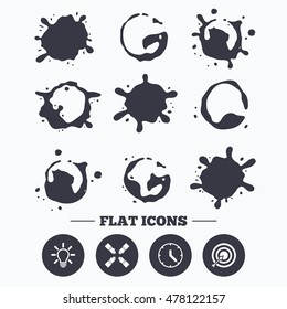 Paint, coffee or milk splash blots. Lamp idea and clock time icons. Target aim sign. Darts board with arrow. Teamwork symbol. Smudges splashes drops. Vector