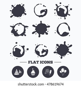Paint, coffee or milk splash blots. Birthday party icons. Cake, balloon, hat and muffin signs. Fireworks with rocket symbol. Cupcake with candle. Smudges splashes drops. Vector