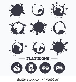 Paint, coffee or milk splash blots. Bowling and Casino icons. Video game joystick and playing card with dice symbols. Entertainment signs. Smudges splashes drops. Vector