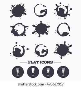 Paint, coffee or milk splash blots. Champagne wine glasses icons. Alcohol drinks sign symbols. Sparkling wine with bubbles. Smudges splashes drops. Vector