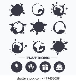Paint, coffee or milk splash blots. Birthday party icons. Cake and gift box signs. Air balloons and fireworks rockets symbol. Smudges splashes drops. Vector