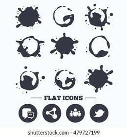 Paint, coffee or milk splash blots. Social media icons. Chat speech bubble and Bird chick symbols. Human group sign. Smudges splashes drops. Vector