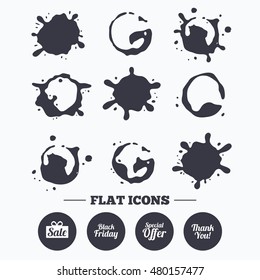 Paint, coffee or milk splash blots. Sale icons. Special offer and thank you symbols. Gift box sign. Smudges splashes drops. Vector