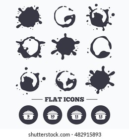 Paint, coffee or milk splash blots. Cooking pan icons. Boil 9, 10, 11 and 12 minutes signs. Stew food symbol. Smudges splashes drops. Vector