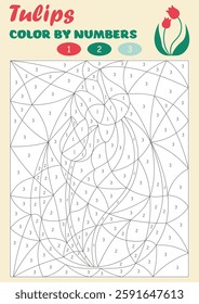 Paint color by numbers. Number coloring page. Spring educational game with flower. Fun math puzzle activities for kids. Printable vector worksheet activity for children. 