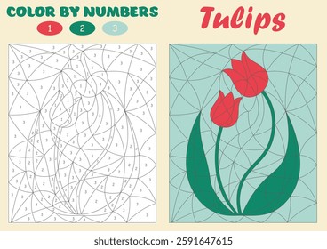 Paint color by numbers. Number coloring page. Spring educational game with tulips. Fun math puzzle activities for kids. Printable vector worksheet activity for children. 
