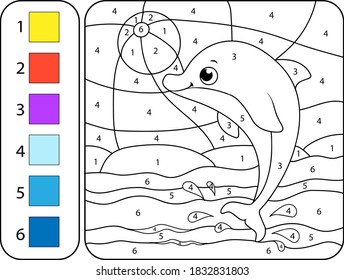 Paint color dolphin by addition   subtraction numbers    Worksheet for education