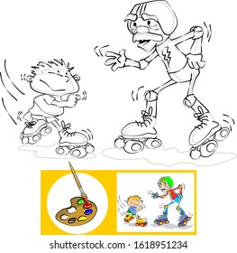 Paint and color the illustration of grandfather and grandson having fun with their roller skates. Fill the areas with the respective colors. Vector illustration in cartoon style, available in EPS 10.