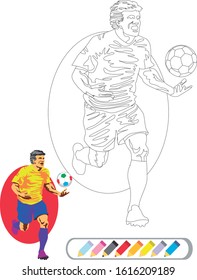 Paint and color the illustration of the soccer player running with the ball at his feet. Fill the areas with the respective colors. Vector illustration in cartoon style, available in EPS 10.