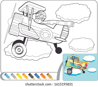 Paint and color the image of the brave pilot driving his biplane. Children's illustration for coloring in cartoon style. Vector image available in EPS 10.