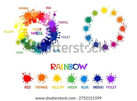 Paint color name.  Rainbow splash background. . Set. Color wheel palette circles vector template transparent background. Set of colored blots on the white background.  Complementary colors wheel on white background
 Vector Illustration.