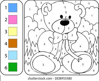 Paint color sweet cute teddy bear by addition and subtraction numbers - Worksheet for education