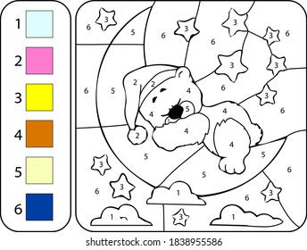 Paint color sweet cute teddy bear by addition and subtraction numbers - Worksheet for education