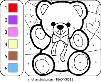 Paint color sweet cute teddy bear by addition and subtraction numbers - Worksheet for education