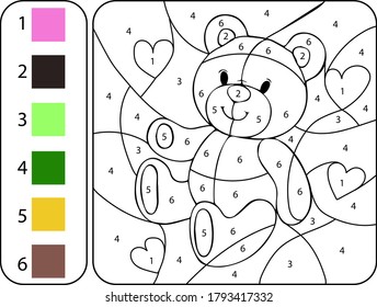 Pintar osito de teddy color por adición y número de resta - Hoja de trabajo para educación
