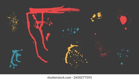 Paint colorful splashes set. Spray hand drawn trickles elements. Grunge brush textured splatters. Urban street smudges scribbles, falling drops isolated on dark background. Vector ink illustration.