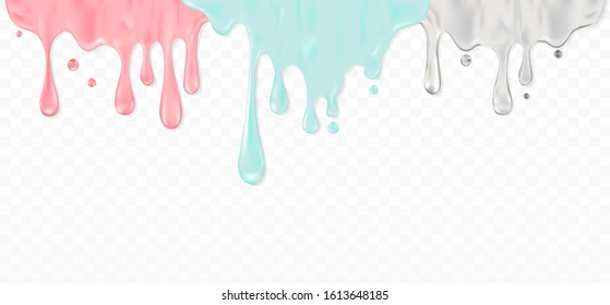 Paint colourful dripping horizontal border transparent vector background.   Modern fashionable design for cover, invitation, placard, brochure, cosmetic packaging, card, invitation and other.