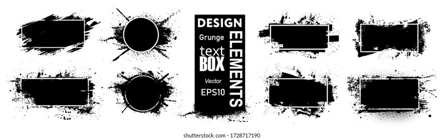 Paint compositions, grunge with frame, texting boxes. Dirty design elements, quote box speech template. Black splashes isolated on white background. Vector street art template set - Shutterstock ID 1728717190
