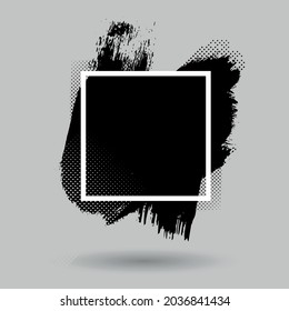 Paint compositions, grunge with frame, texting boxes. Dirty design elements, quote box speech template. Black splashes isolated on white background. Vector street art template set